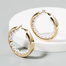 Load image into Gallery viewer, Inverted Pearl Gold Hoops
